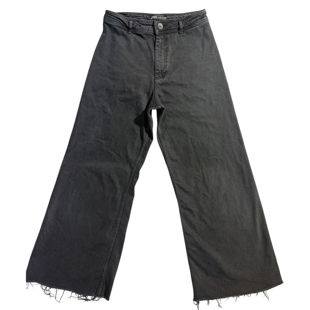Zara Marine Straight Jeans 10 Gray Black High Rise Wide Leg Raw Hem Denim
